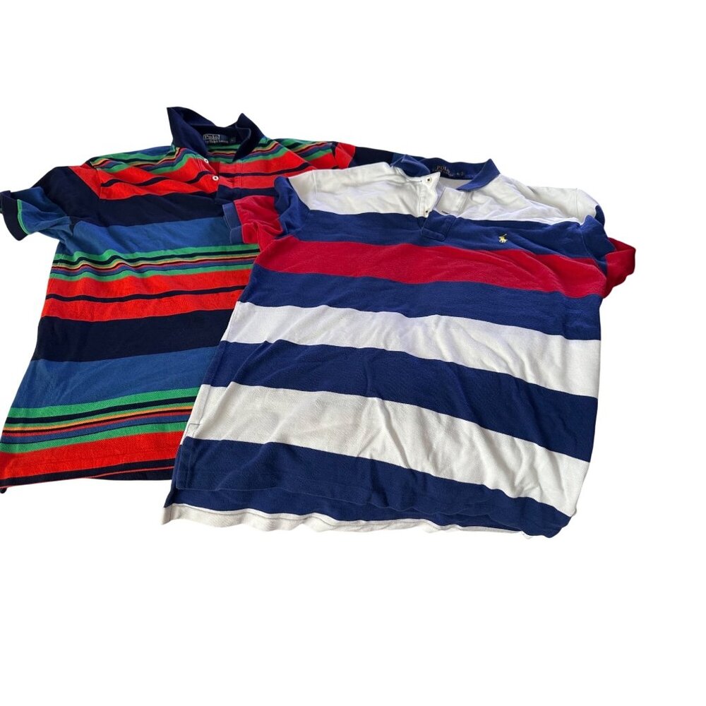 VTG lot of 2 Ralph Lauren Polo Mens L Striped Cotton Short Sleeve Shirts Preppy